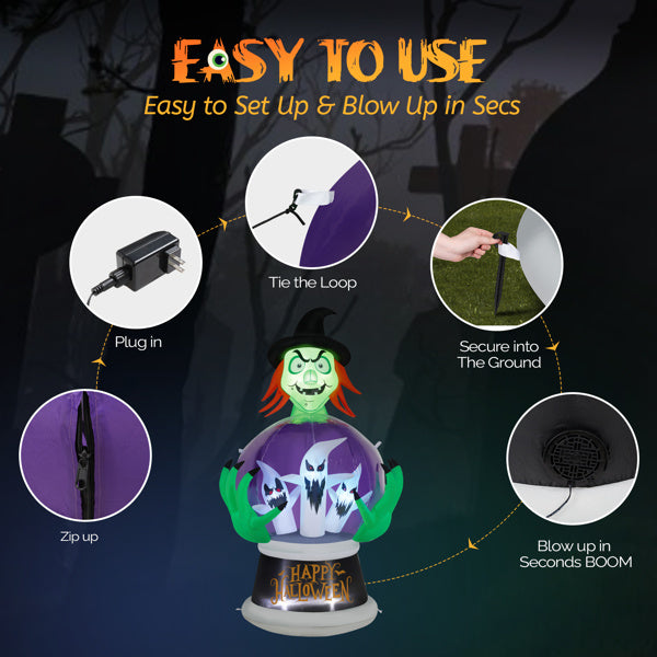 5.9ft Witch Crystal Ball With 3 LED Lights And 3 RGB Lights, Halloween