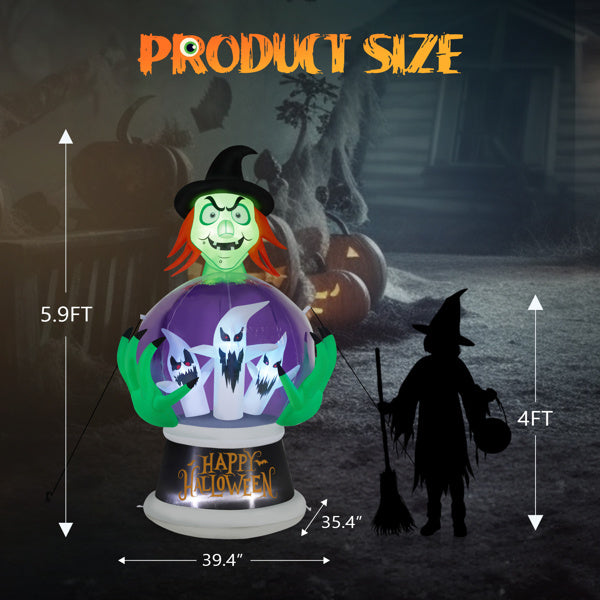 5.9ft Witch Crystal Ball With 3 LED Lights And 3 RGB Lights, Halloween
