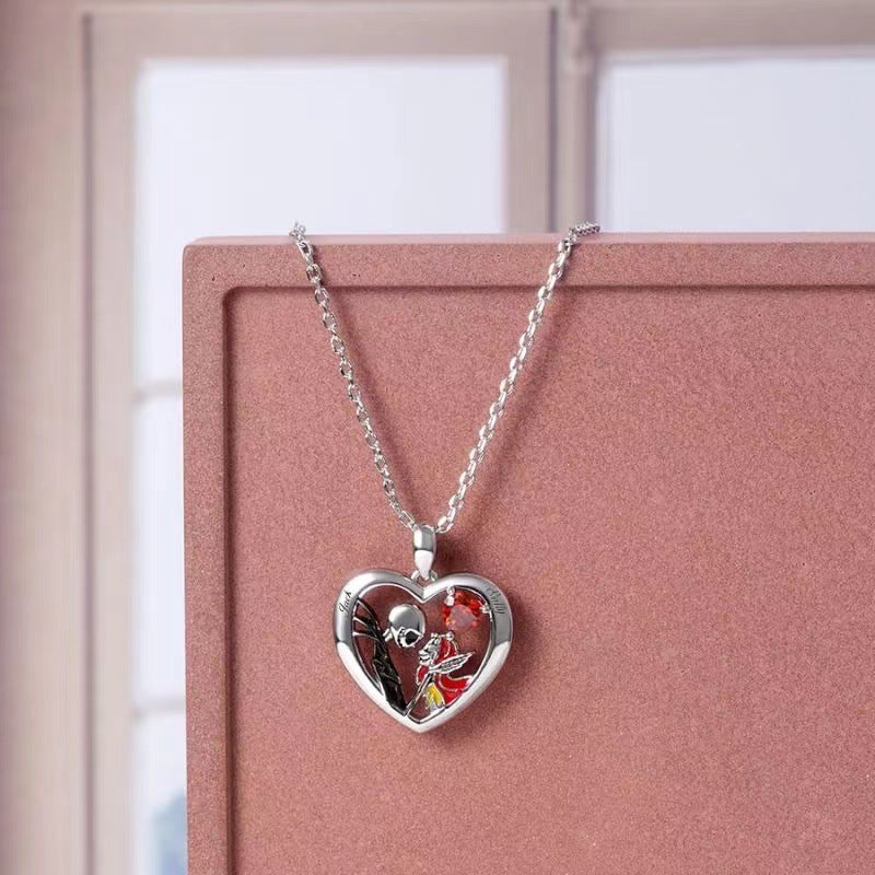 Halloween Heart-shaped Skull Necklace With Rhinestones Couple Love