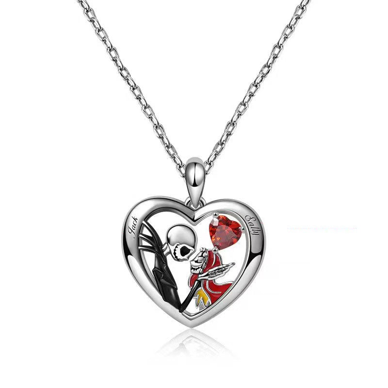 Halloween Heart-shaped Skull Necklace With Rhinestones Couple Love