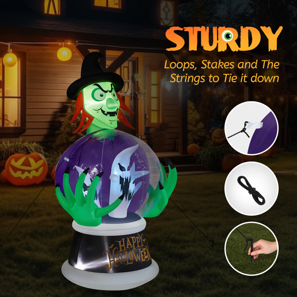 5.9ft Witch Crystal Ball With 3 LED Lights And 3 RGB Lights, Halloween