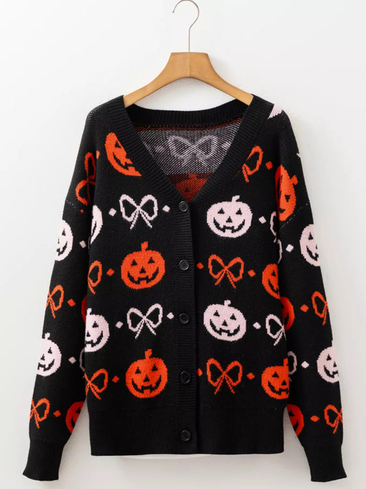 Halloween Pumpkin Pattern Button-Up Cardigan