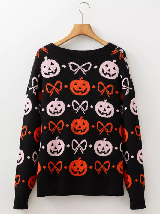 Halloween Pumpkin Pattern Button-Up Cardigan
