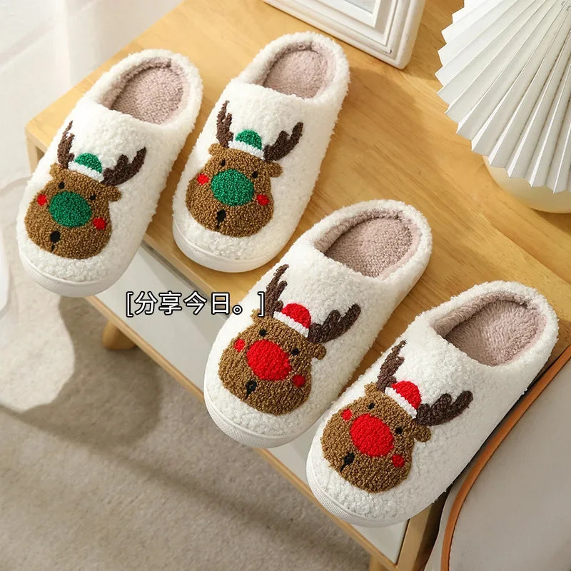 Christmas Elk Cotton Slippers for Women Men