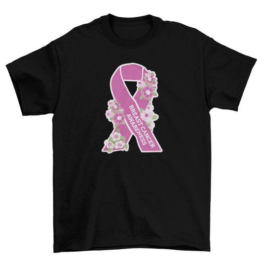 Breast cancer awareness pink ribbon with flowers t-shirt