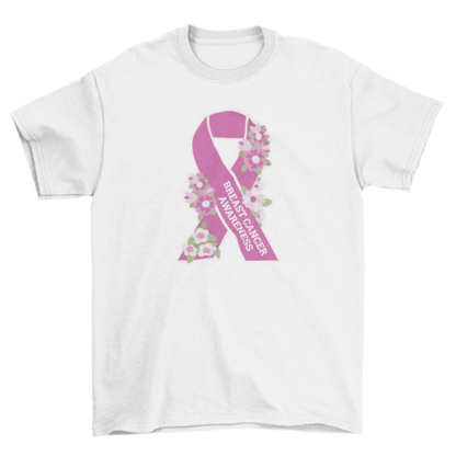 Breast cancer awareness pink ribbon with flowers t-shirt