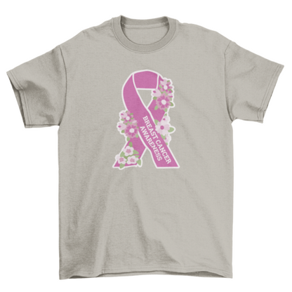 Breast cancer awareness pink ribbon with flowers t-shirt