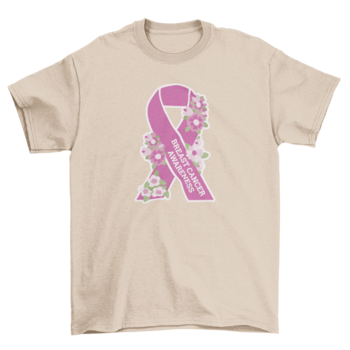 Breast cancer awareness pink ribbon with flowers t-shirt