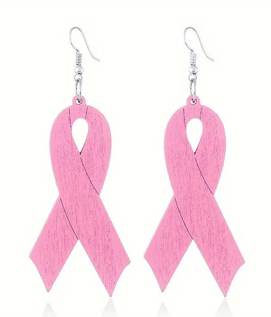 BREAST CANCER THEME PINK RIBBON WOOD EARRING